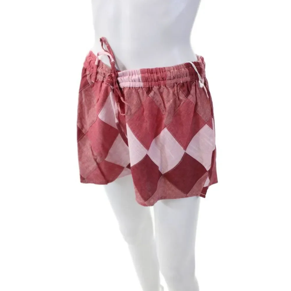 Warm Womens Cotton Elastic Waist Checkered Print Shorts Red Size 1